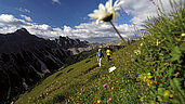 Ein tolles Berg-Panorama zeigt sich. Die Aussicht ist wunderschön und am Berg ist ein Paar beim Wandern auf einer Blumenwiese in Tirol.
